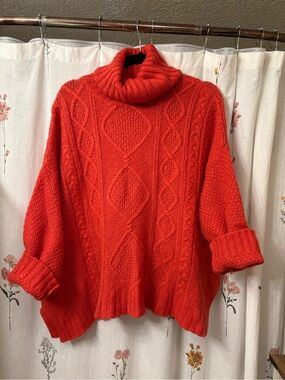 aerie Red Cable-Knit Cowl Turtleneck Sweater